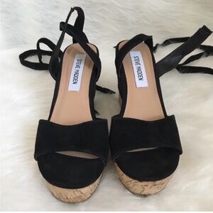 Steve Madden Black Suede Cork Platform Wedge Sandals